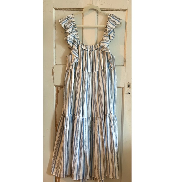 Apiece Apart Midi Dress 2 Ossetia Tiers Seaside Stripe Blue White A-Line - Picture 2 of 9